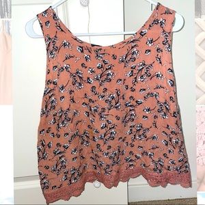 Pink Floral Draped-Back Crop Top with Lace Trim